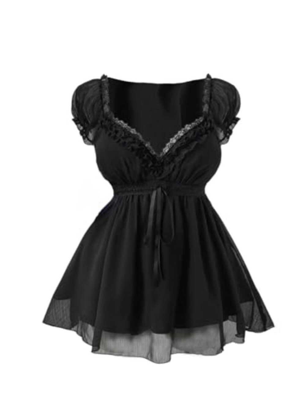 Plus Size Y2K Goth Sheer Lace Blouse Puff Sleeve Ruffle Peplum Top